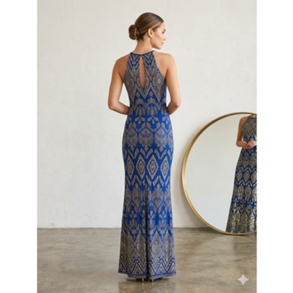 Jump Apparel Gold Glitter Art Deco Halter Maxi Prom Gown Royal Blue 3/4